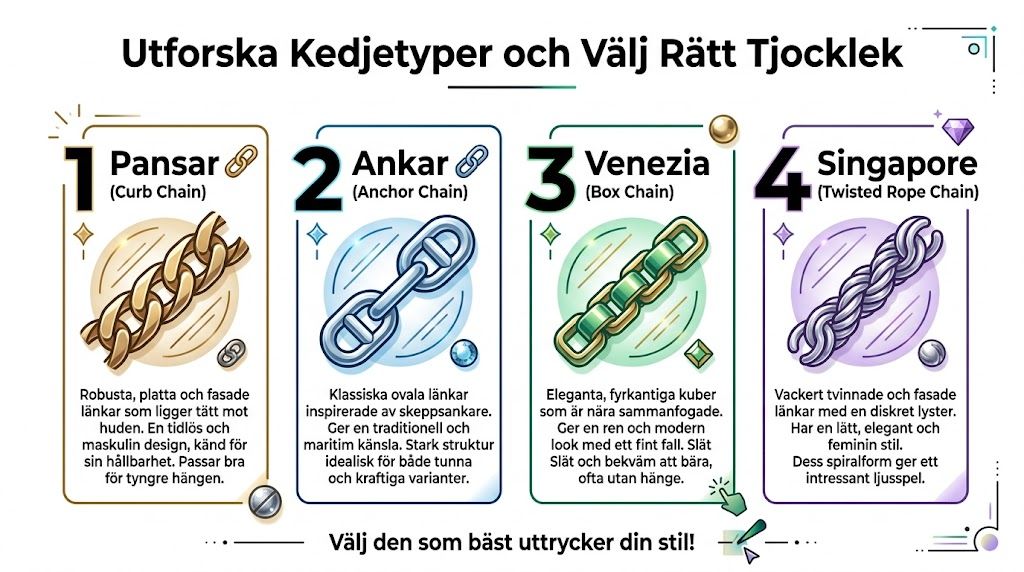 En infografik som förklarar olika typer av halsbandskedjor som Pansar, Ankar, Venezia och Singapore med korta beskrivningar.