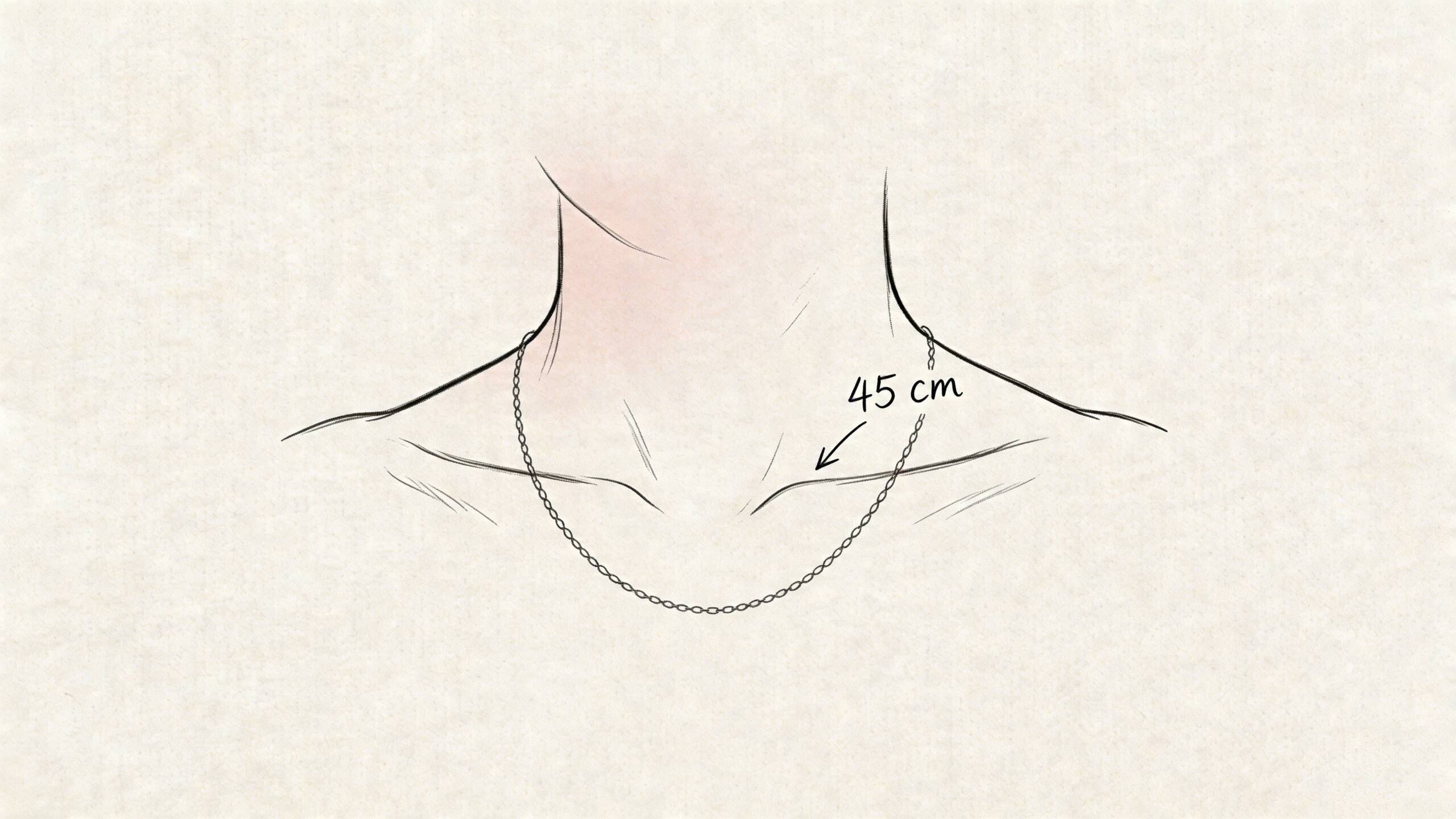 Illustration av en halsringning som visar en 45 cm lång guldkedja som vilar runt halsen.