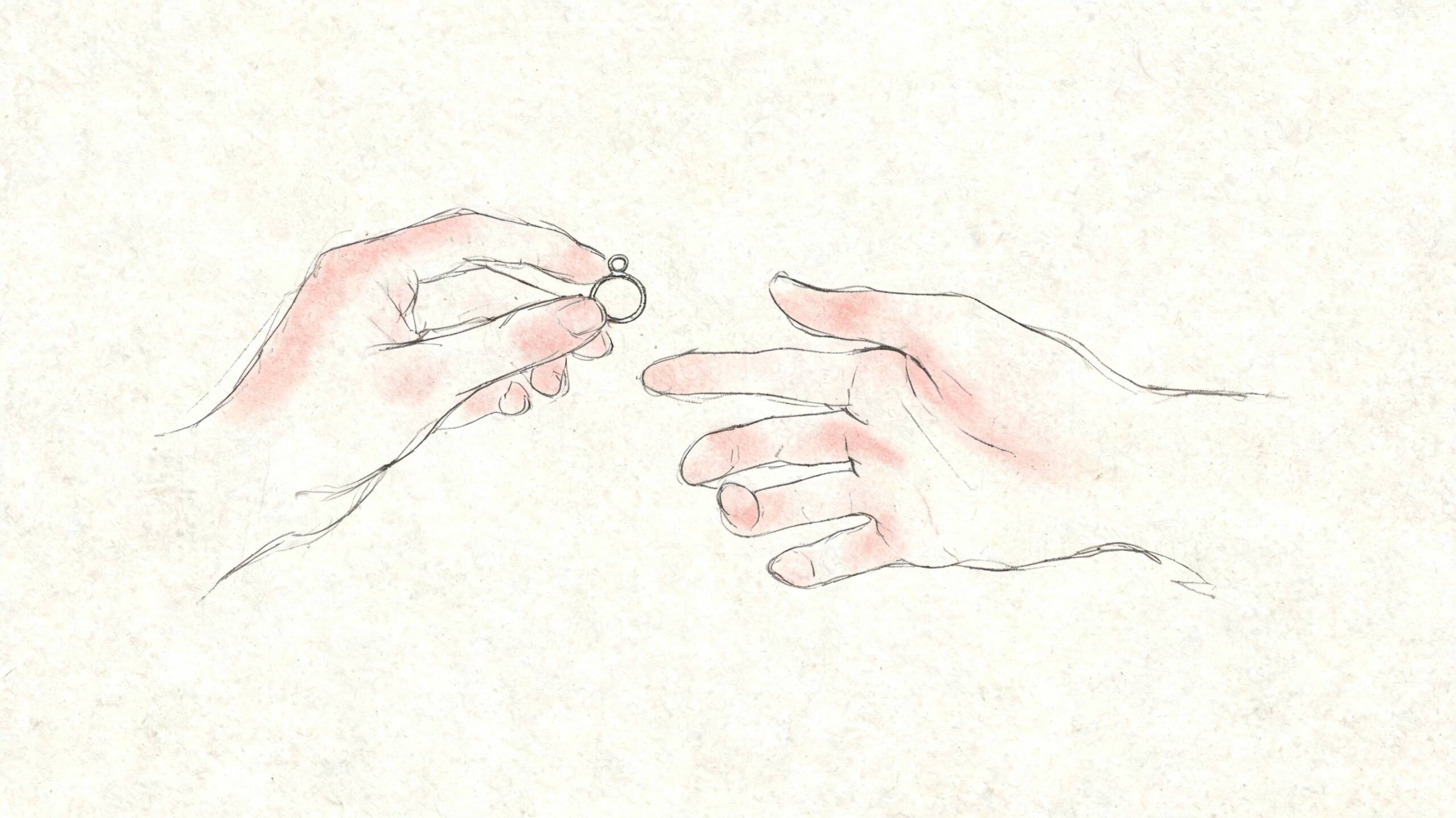 En skissartad illustration av två händer där en person räcker över en ring till en annan person.