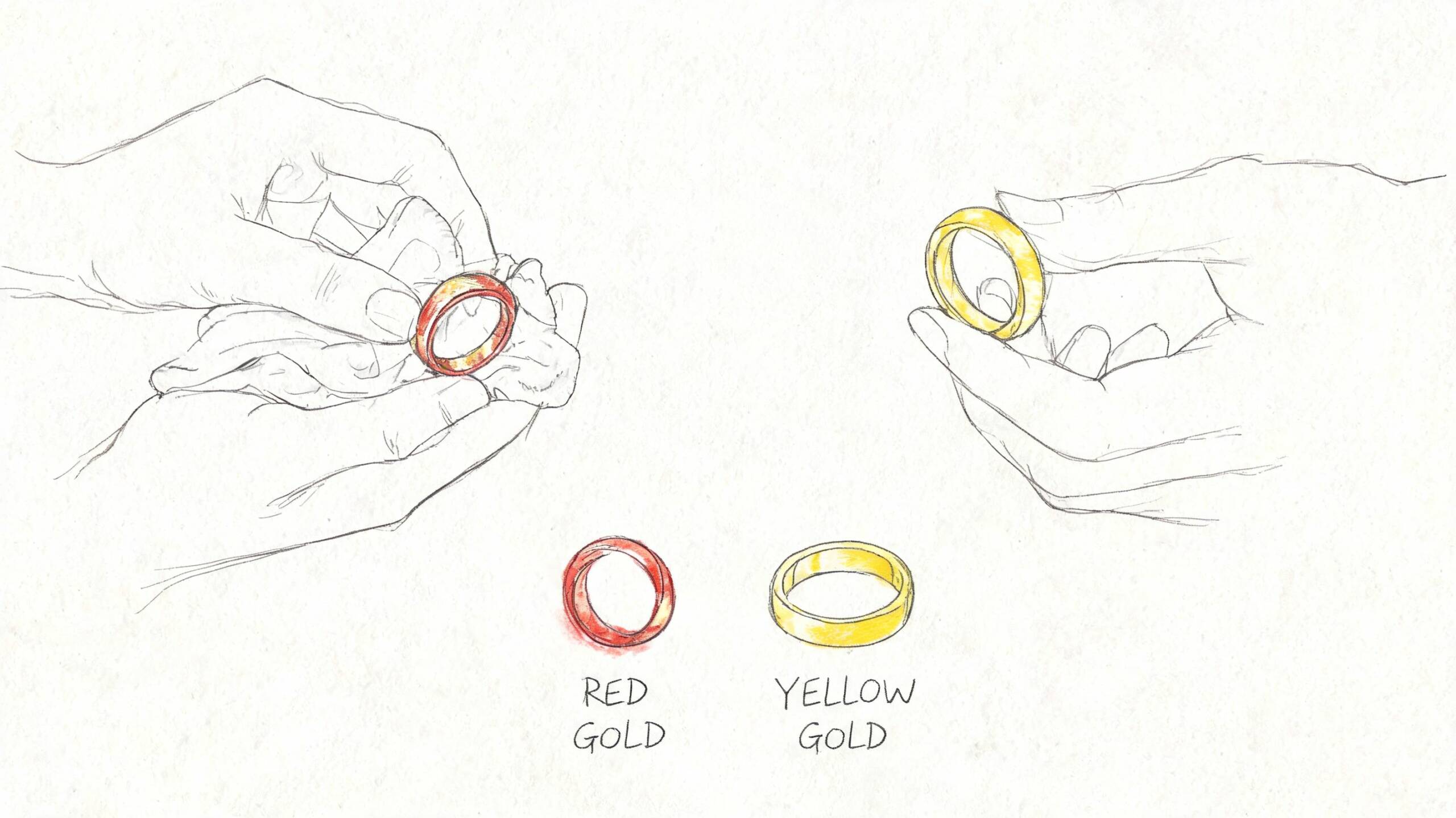 Illustration av händer som håller i en ring av rött guld och en ring av gult guld.