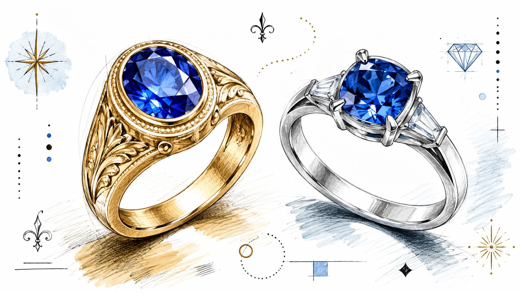 Två detaljerade skisser av eleganta ringar med blå ädelstenar i guld och silver på vit bakgrund.