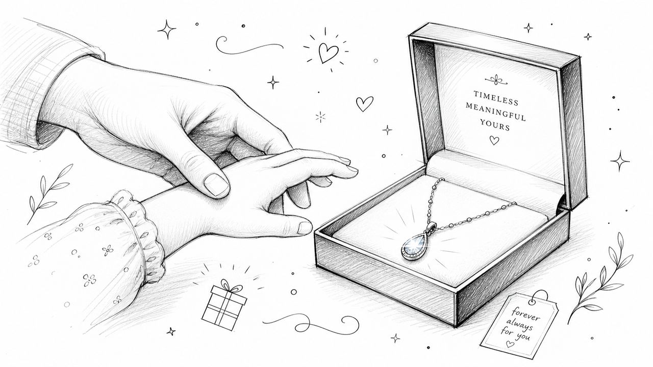 En hand som håller en barnhand bredvid ett presentfodral med ett glittrande halsband och kärleksfulla meddelanden.