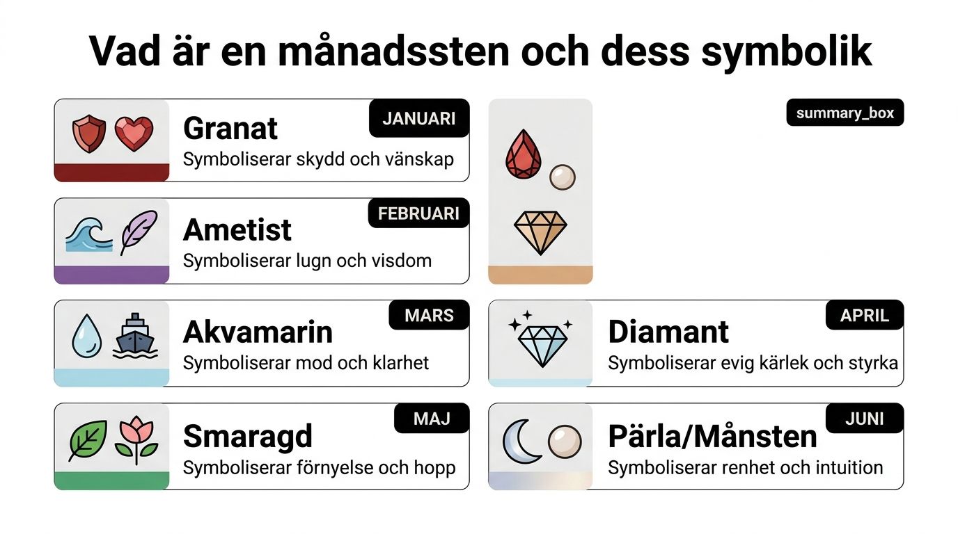 En infografik som visar månadsstenar för januari till juni med deras symboliska betydelser för varje månad.