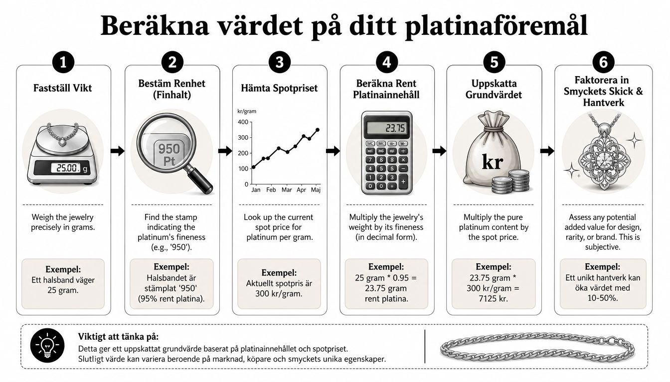 En infografik som visar de sex stegen för att beräkna marknadsvärdet på smycken av platina.