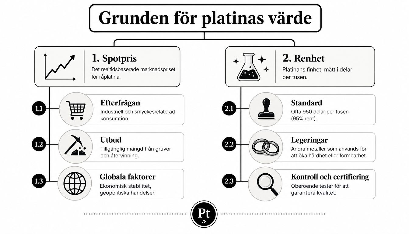 En infografik som förklarar de två huvudfaktorerna bakom platinas ekonomiska värde: spotpris och renhet.