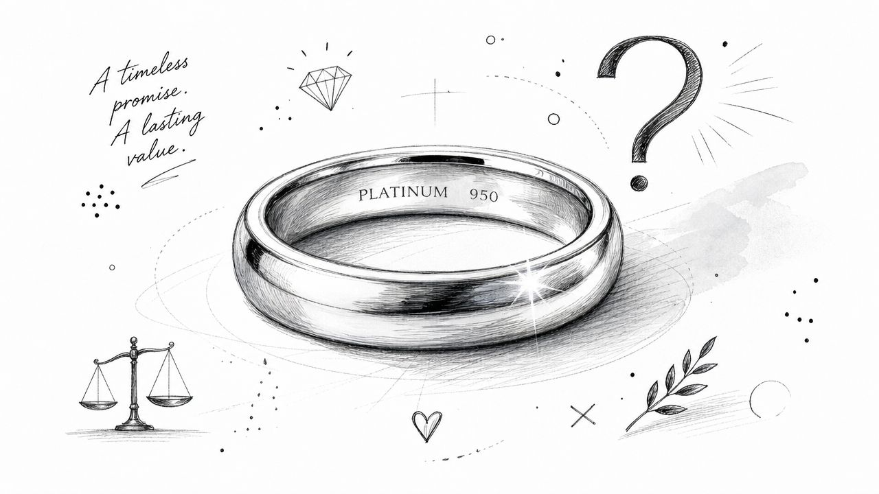 En elegant illustration av en platinaring med texten PLATINUM 950 samt dekorativa symboler av våg, hjärta och diamant.