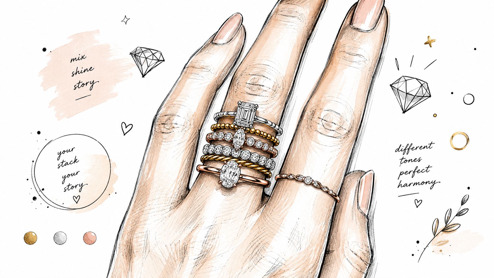 En konstnärlig illustration av en hand med staplade diamantringar i olika metalltoner för en elegant stil.