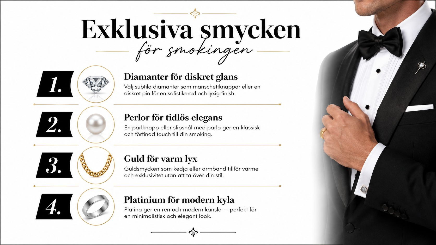Infografik med stilråd för smycken till smoking, inklusive diamanter, pärlor, guld och platina för män.