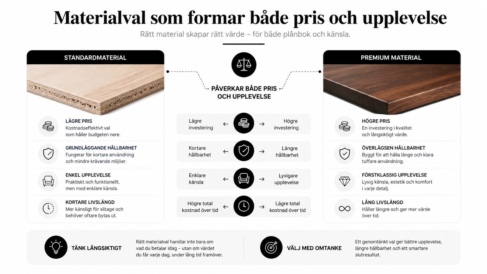 Jämförelse mellan standardmaterial och premiummaterial som visar hur materialval påverkar pris, hållbarhet, upplevelse och total livslängd.