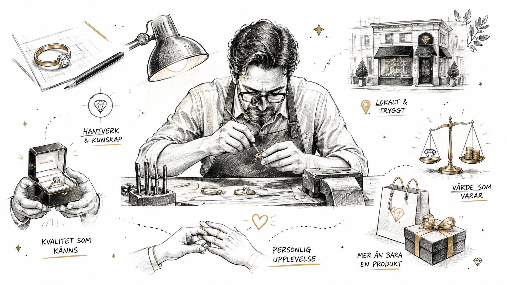 Illustration av en juvelerare som skapar smycken med precision, vilket förmedlar hantverk, kvalitet och en personlig köpupplevelse.